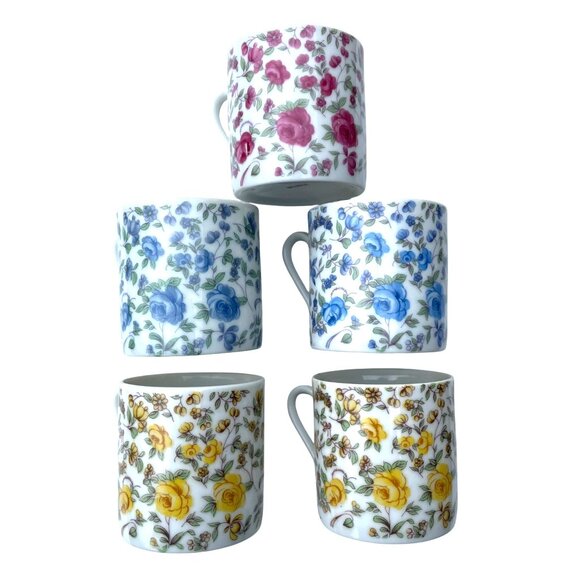 Vintage Japanese Chintz Floral Ceramic Coffee Tea Espresso Mugs Set Of 5 - Picture 1 of 6